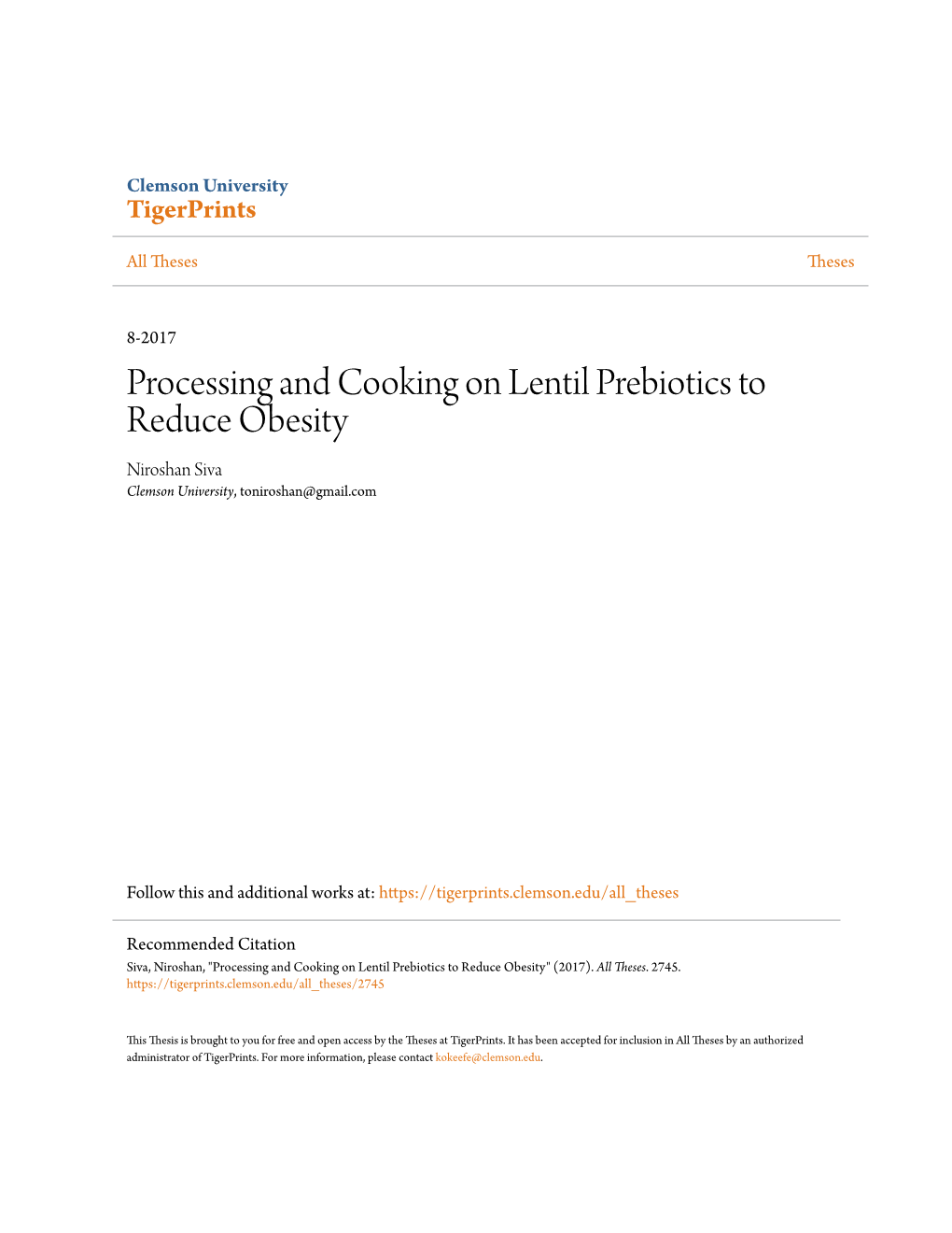 Processing and Cooking on Lentil Prebiotics to Reduce Obesity Niroshan Siva Clemson University, Toniroshan@Gmail.Com