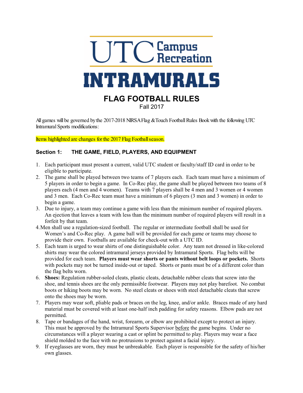 FLAG FOOTBALL RULES Fall 2017