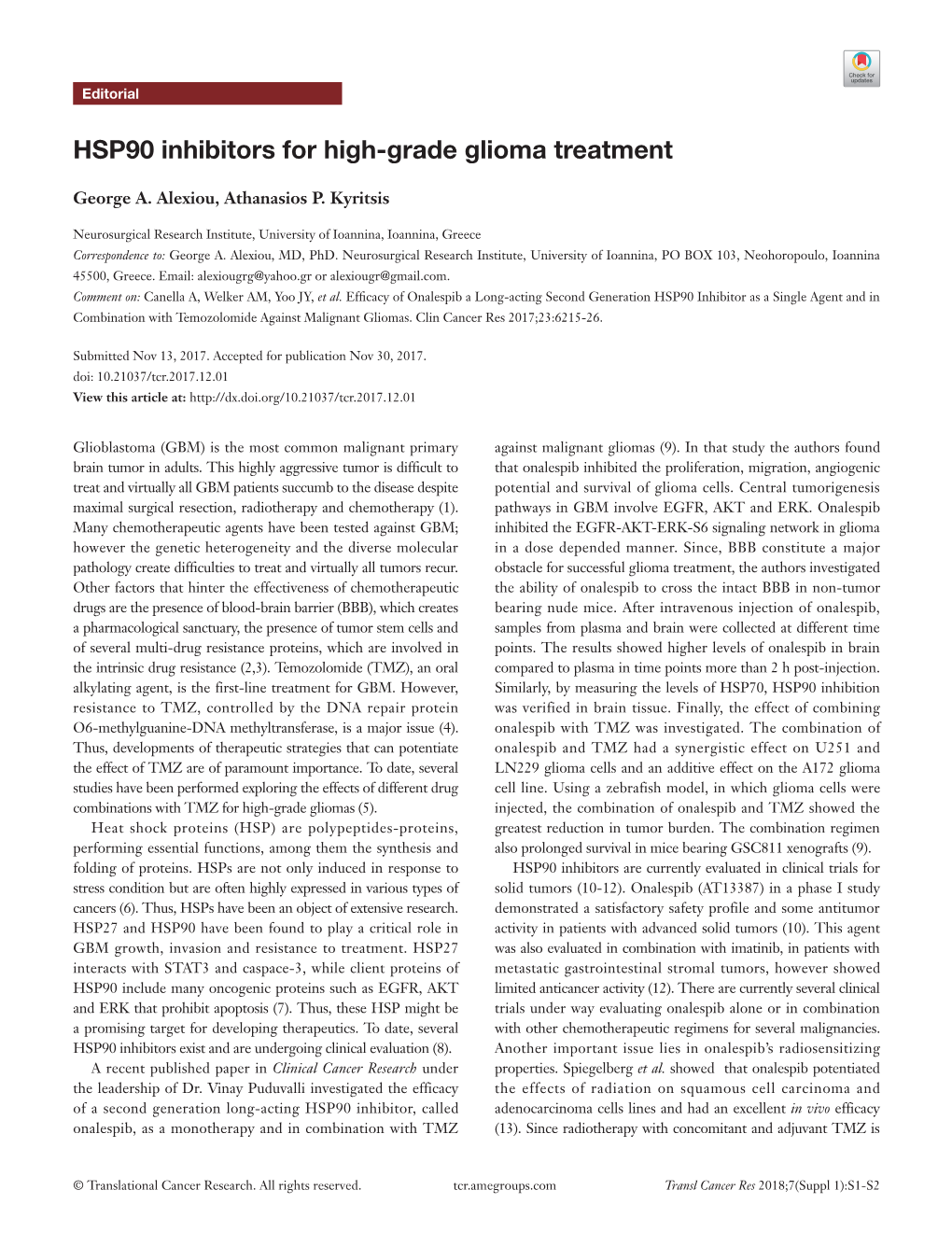 HSP90 Inhibitors for High-Grade Glioma Treatment