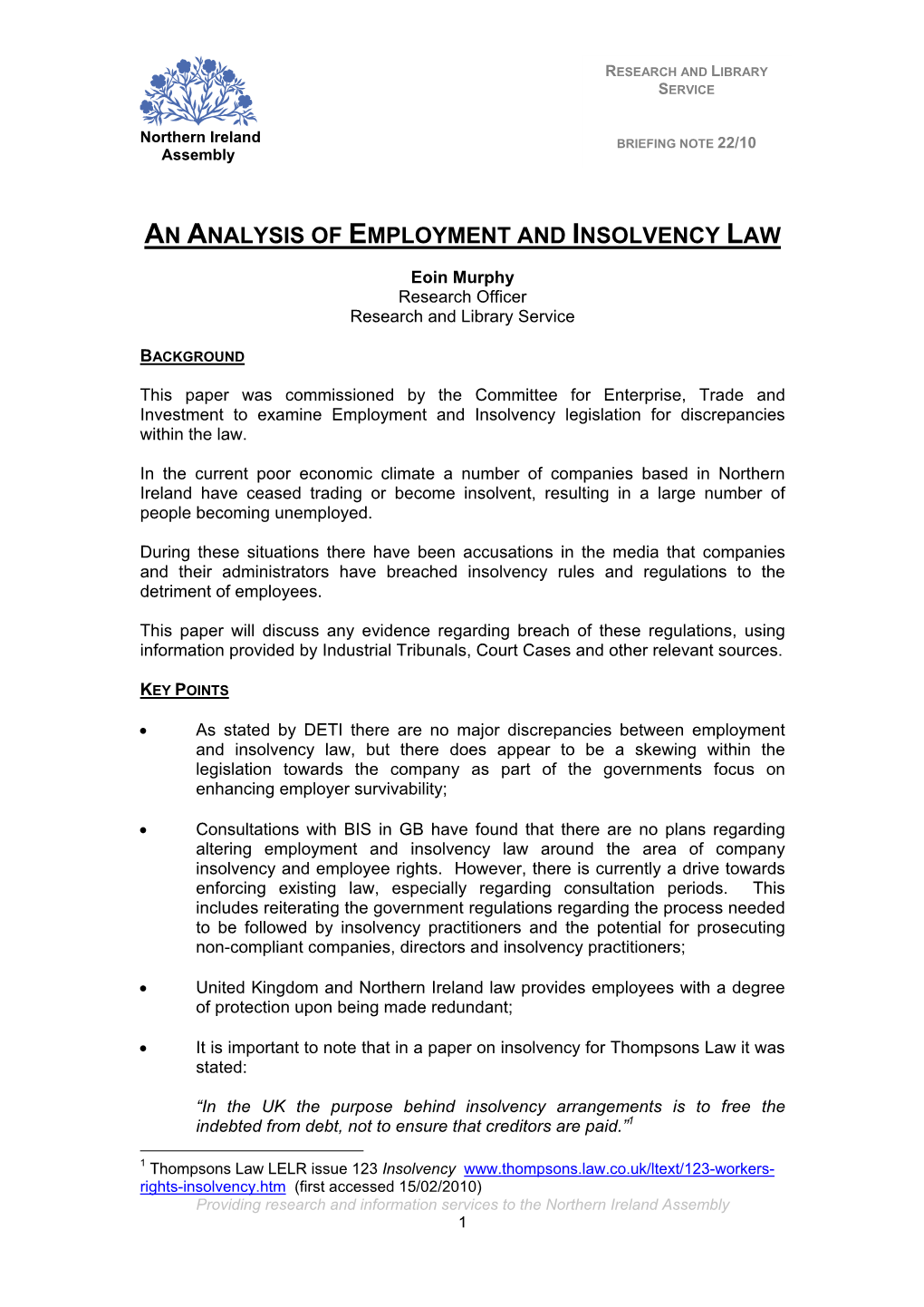 An Analysis of Employment and Insolvency Law