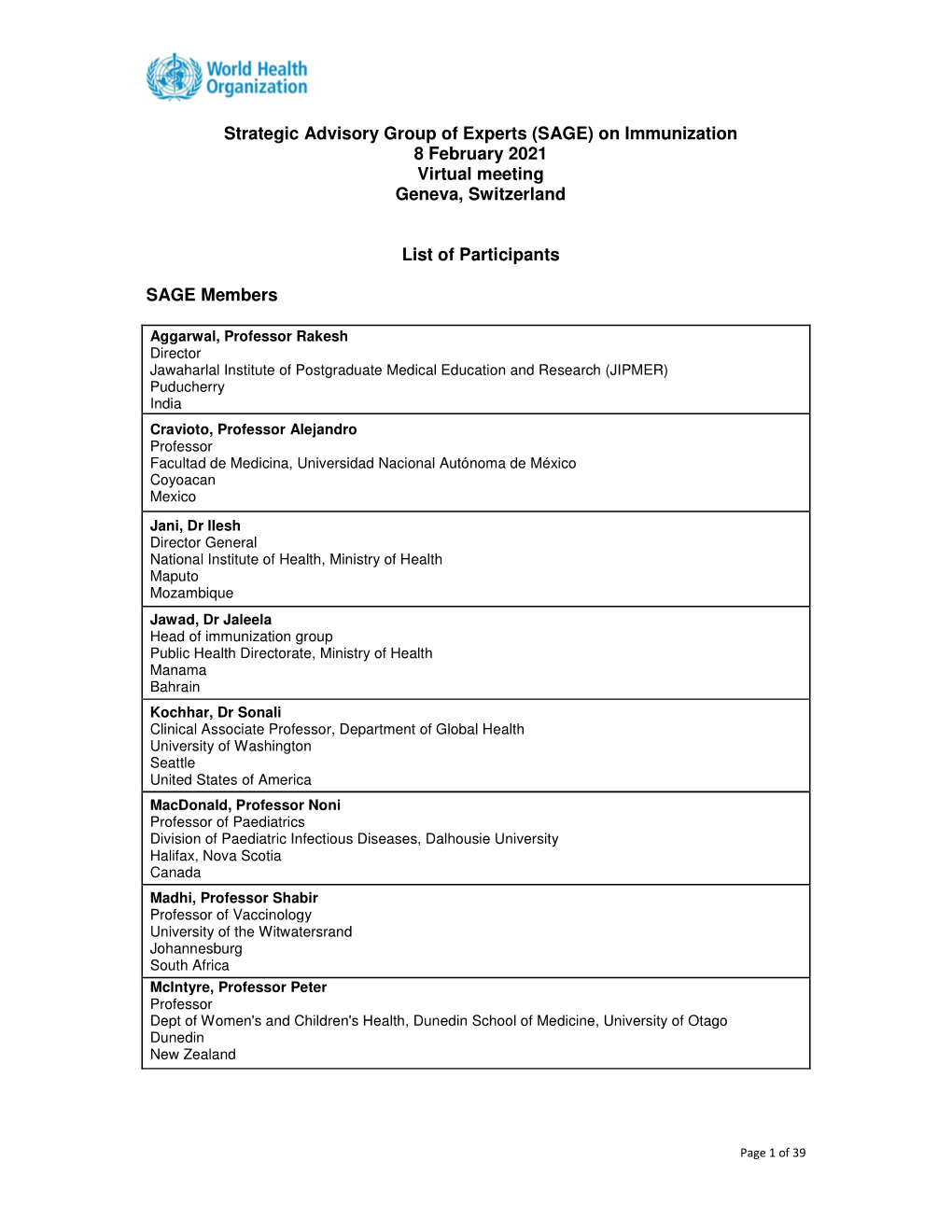 Strategic Advisory Group of Experts (SAGE) on Immunization 8 February 2021 Virtual Meeting Geneva, Switzerland