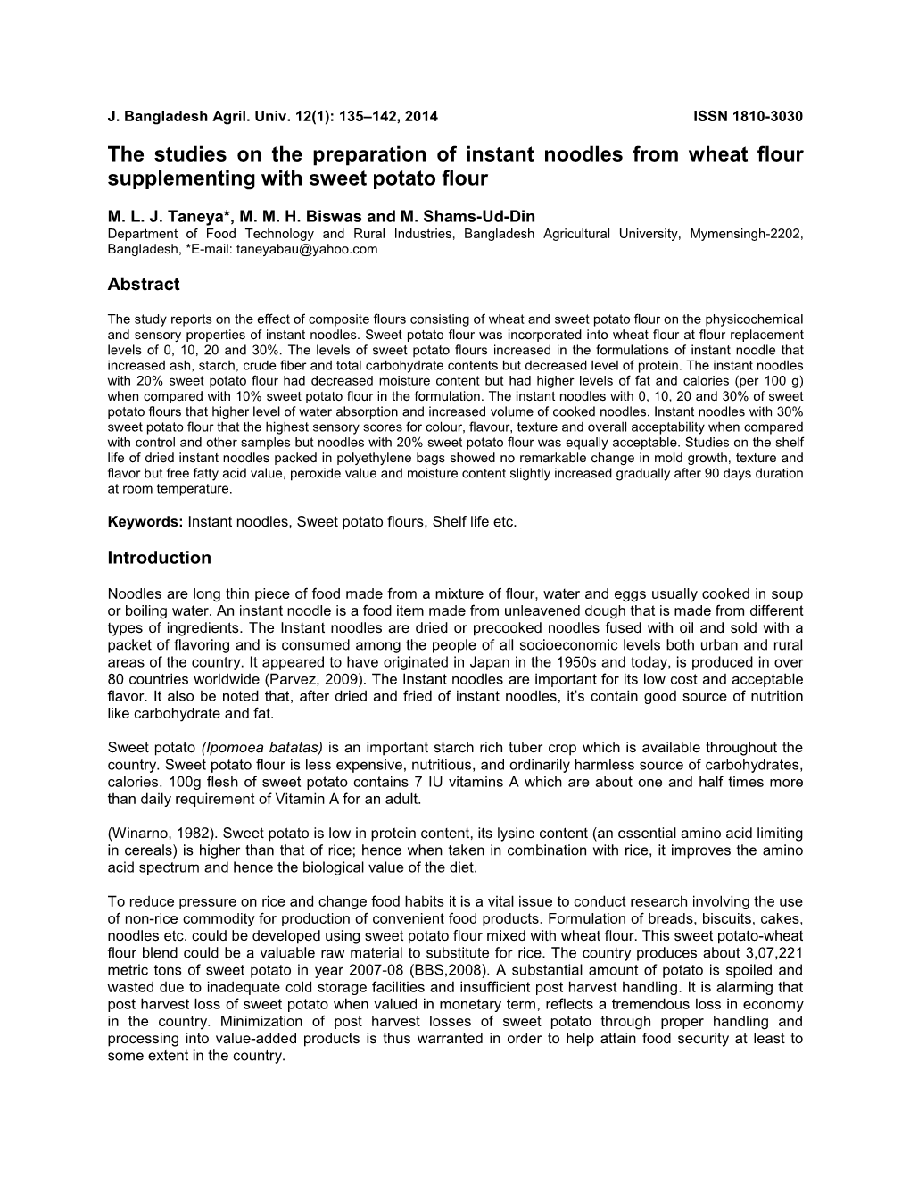 The Studies on the Preparation of Instant Noodles from Wheat Flour Supplementing with Sweet Potato Flour