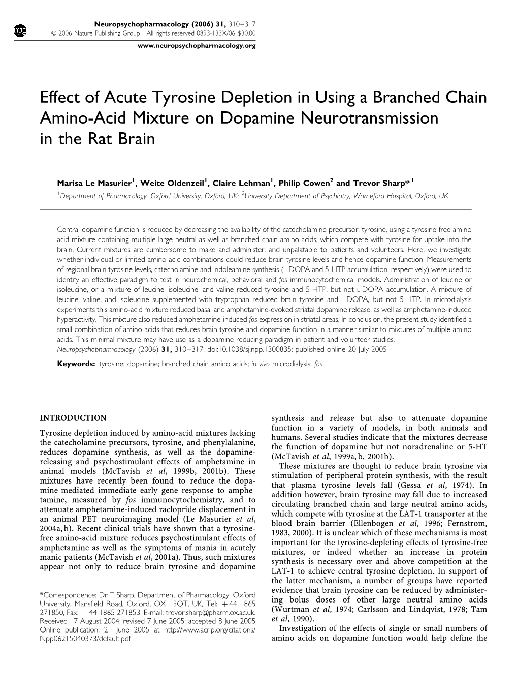 Effect of Acute Tyrosine Depletion in Using a Branched Chain Amino-Acid Mixture on Dopamine Neurotransmission in the Rat Brain