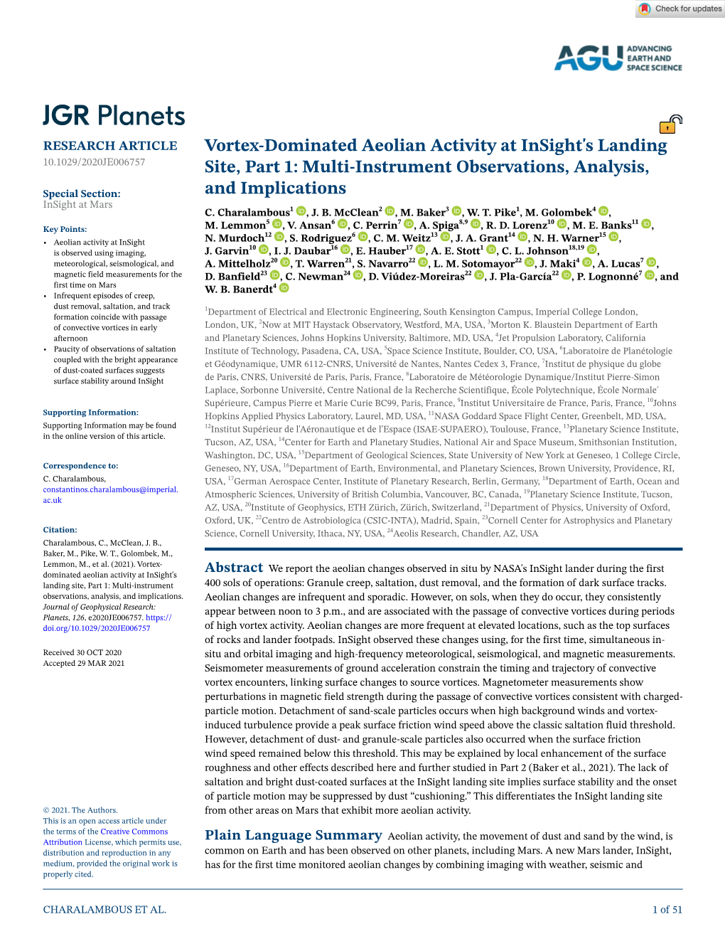 Vortex‐Dominated Aeolian Activity at Insight's Landing Site, Part 1