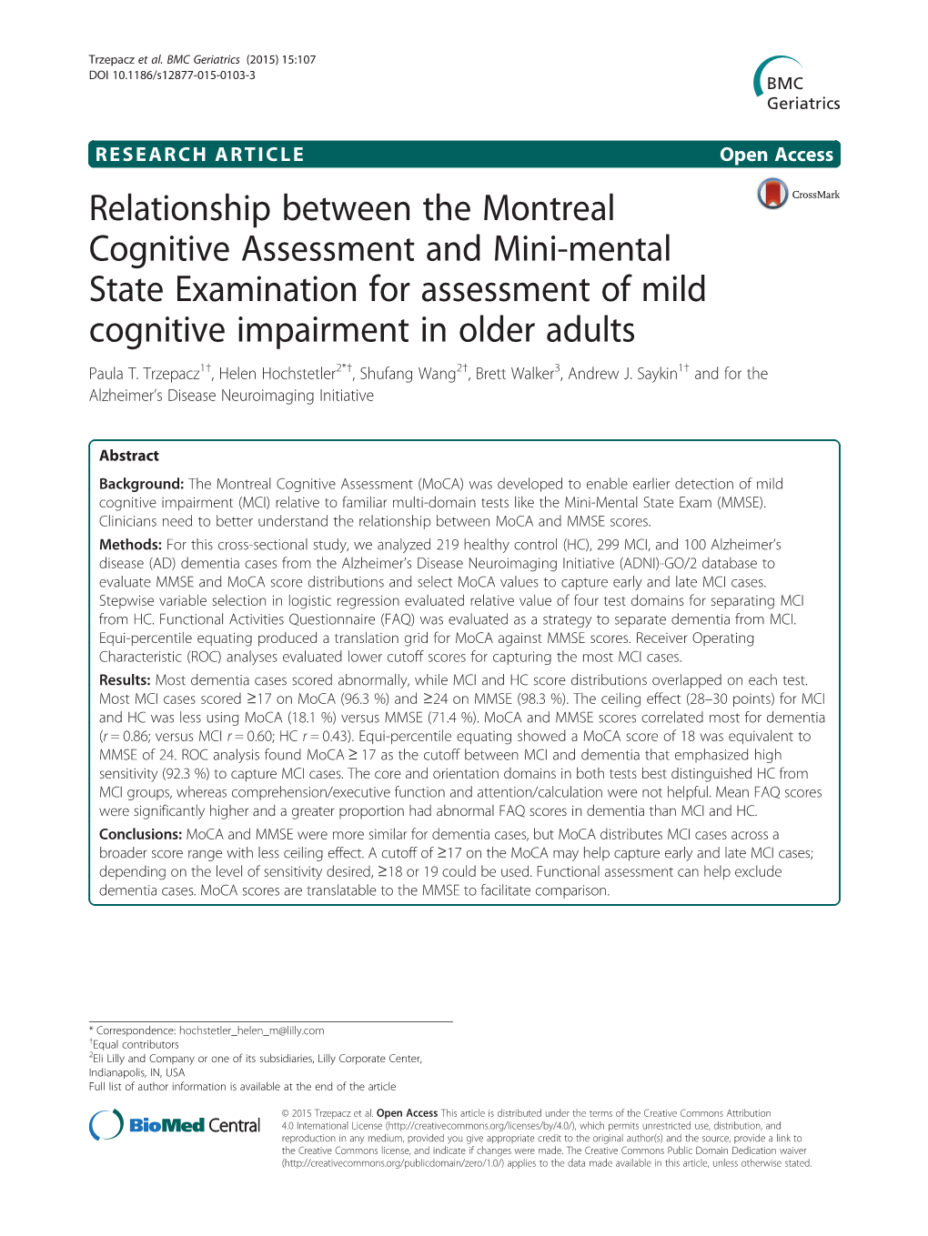 Relationship Between the Montreal Cognitive Assessment and Mini-Mental State Examination for Assessment of Mild Cognitive Impairment in Older Adults Paula T