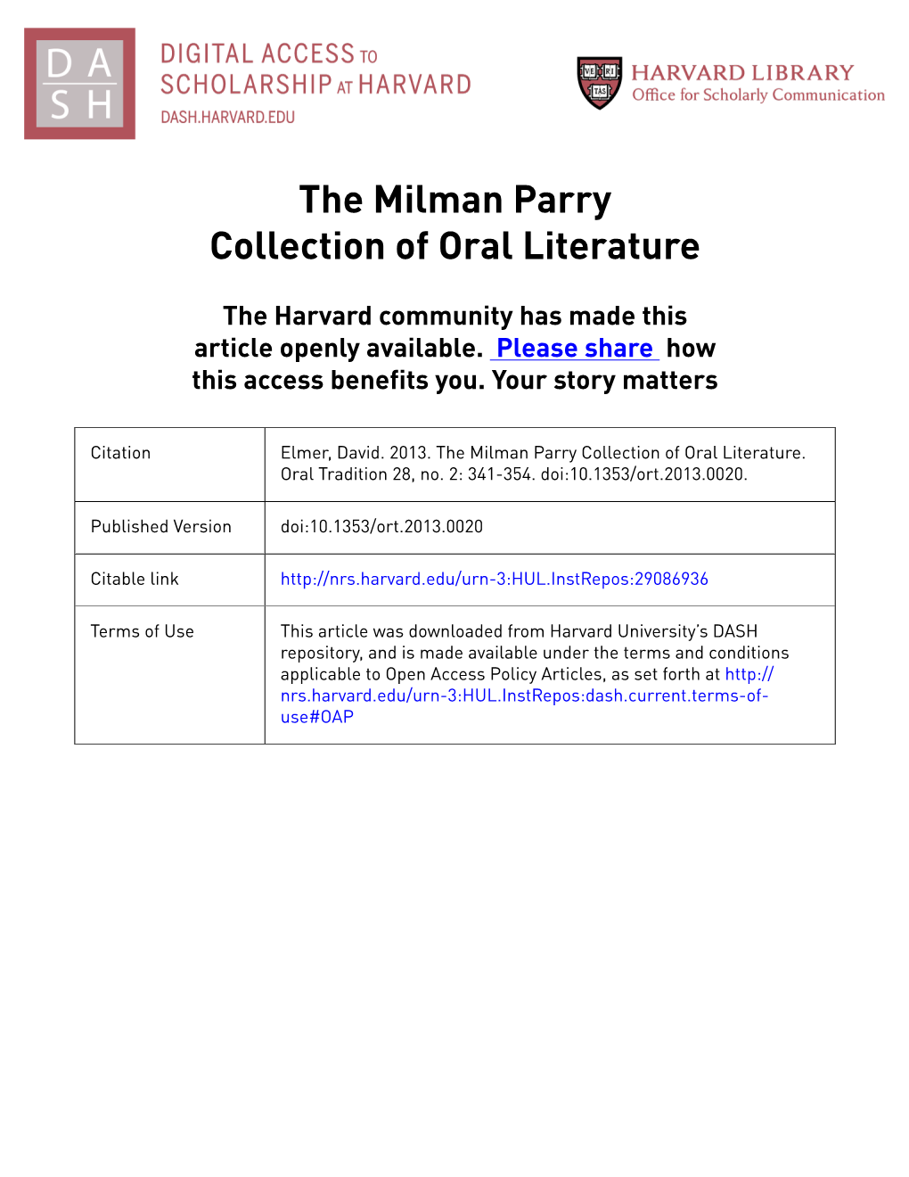 The Milman Parry Collection of Oral Literature