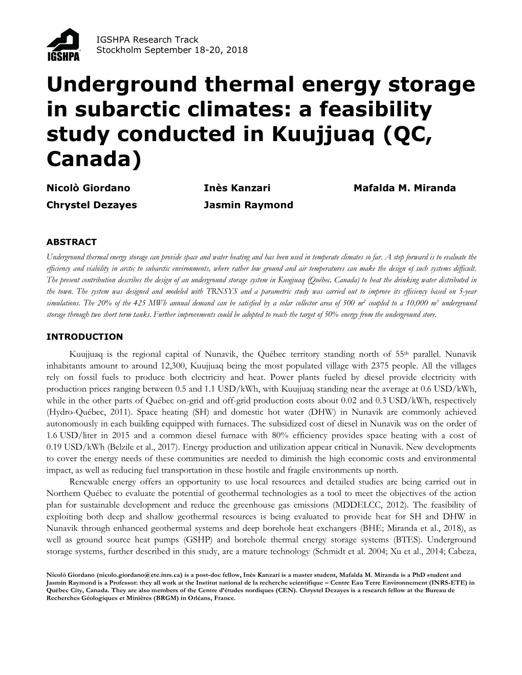 Underground Thermal Energy Storage in Subarctic Climates: a Feasibility Study Conducted in Kuujjuaq (QC, Canada)