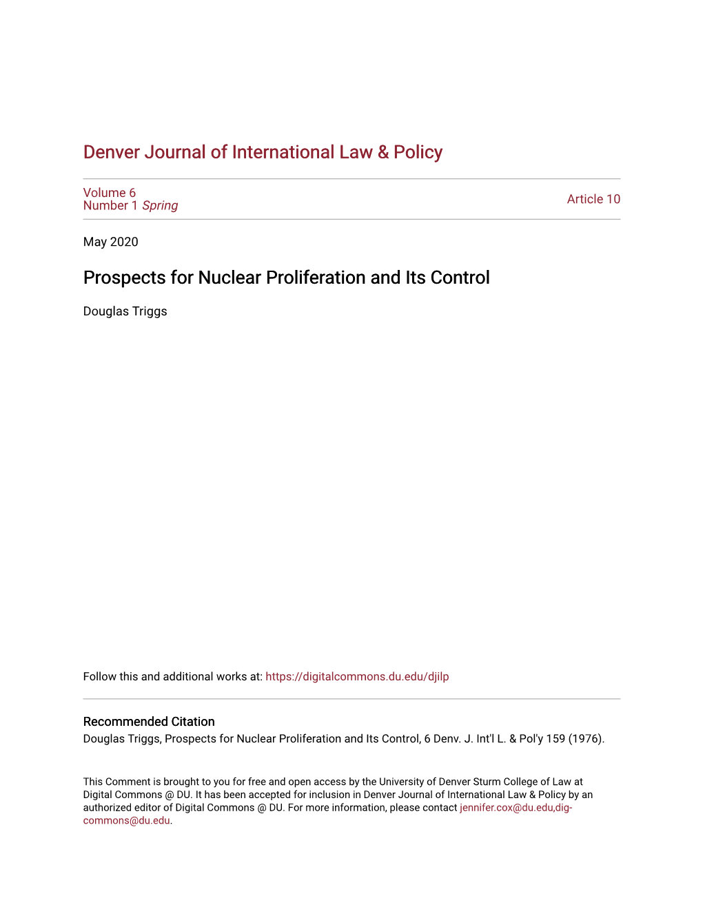 Prospects for Nuclear Proliferation and Its Control