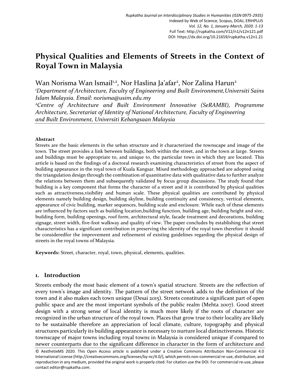 Physical Qualities and Elements of Streets in the Context of Royal Town in Malaysia