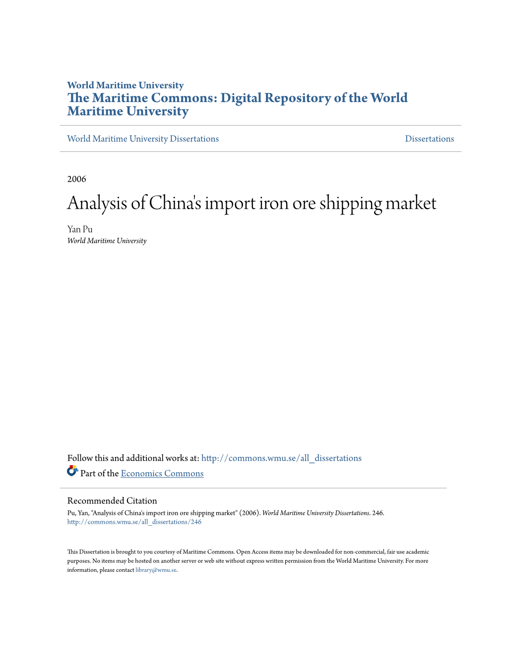 Analysis of China's Import Iron Ore Shipping Market Yan Pu World Maritime University