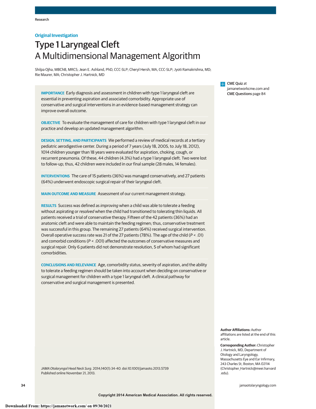 Type 1 Laryngeal Cleft a Multidimensional Management Algorithm