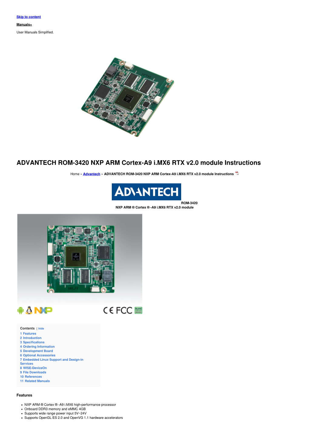 ADVANTECH ROM-3420 NXP ARM Cortex-A9 I.MX6 RTX V2.0 Module Instructions