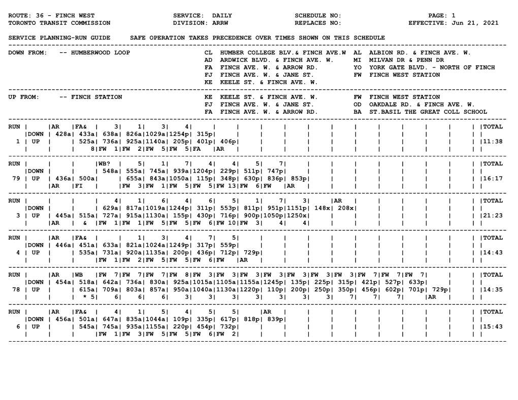 ROUTE: 36 - FINCH WEST SERVICE: DAILY SCHEDULE NO: PAGE: 1 TORONTO TRANSIT COMMISSION DIVISION: ARRW REPLACES NO: EFFECTIVE: Jun 21, 2021