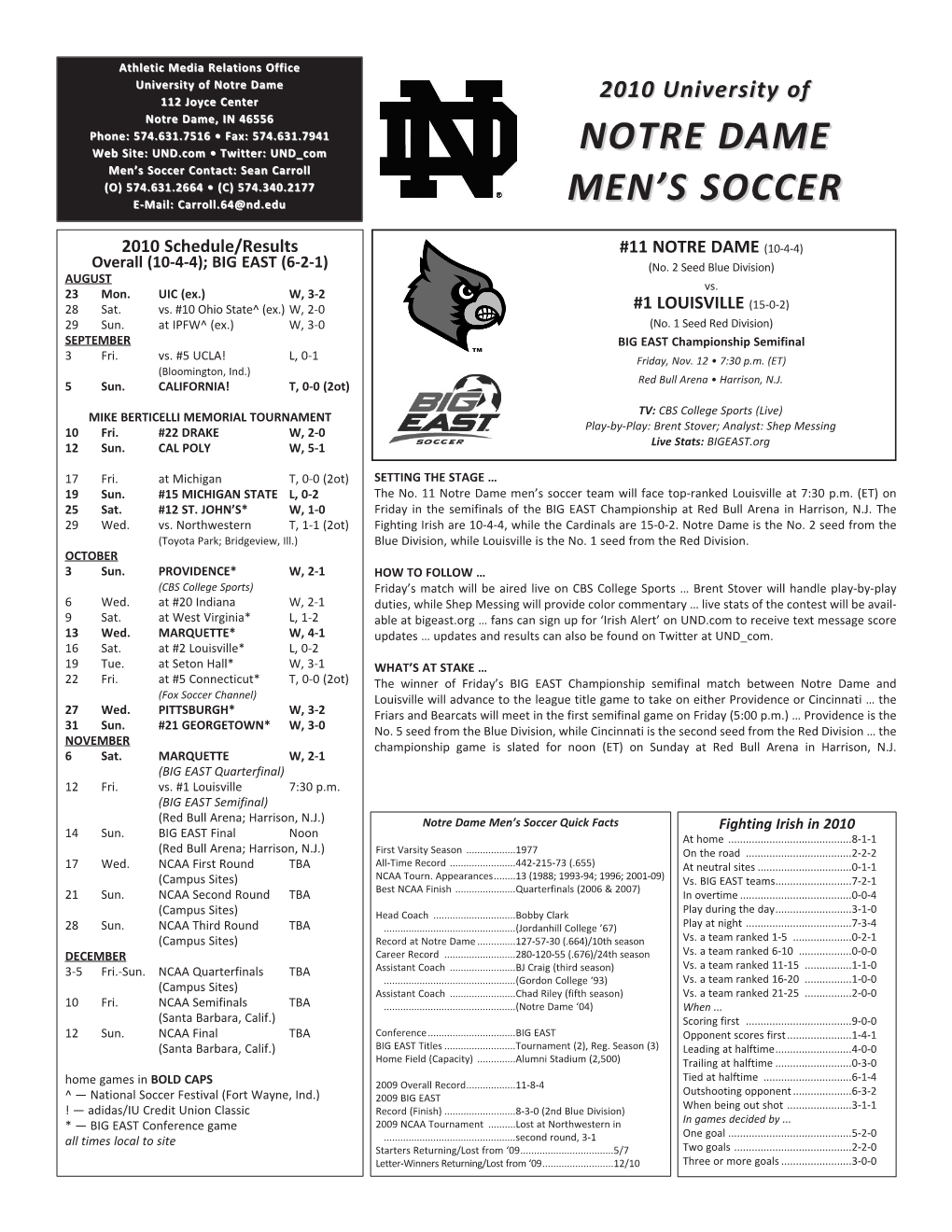 Notre Dame Men's Soccer Notre Dame Combined Team Statistics (As of Nov 08, 2010) All Games