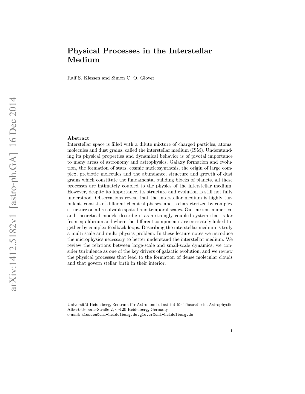 Physical Processes in the Interstellar Medium