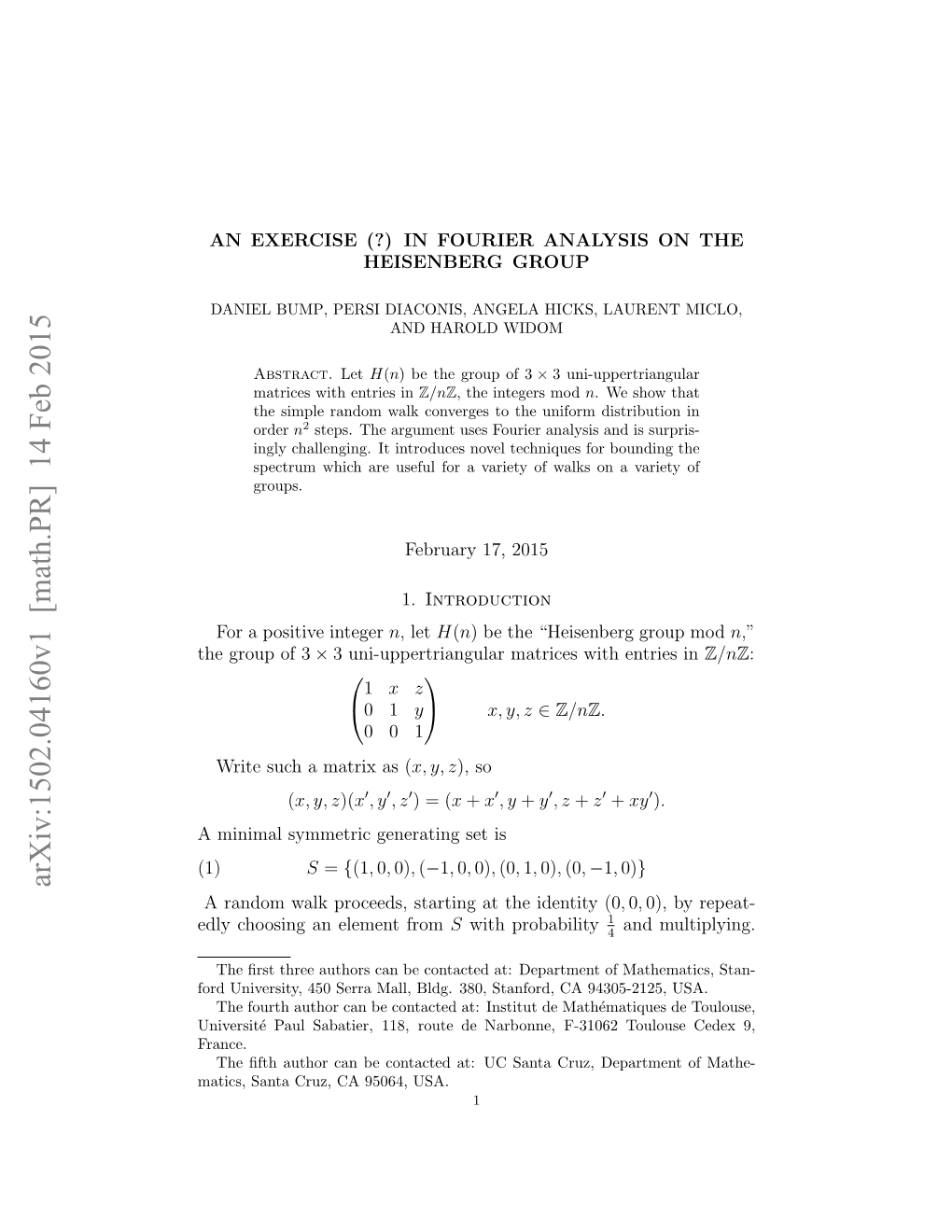 Arxiv:1502.04160V1 [Math.PR] 14 Feb 2015