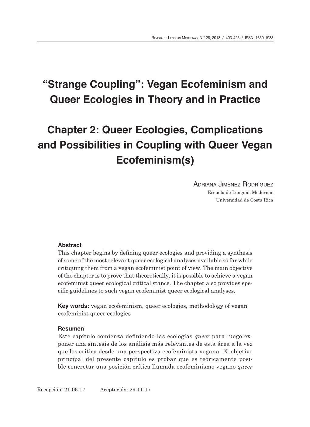 “Strange Coupling”: Vegan Ecofeminism and Queer Ecologies in Theory and in Practice Chapter 2