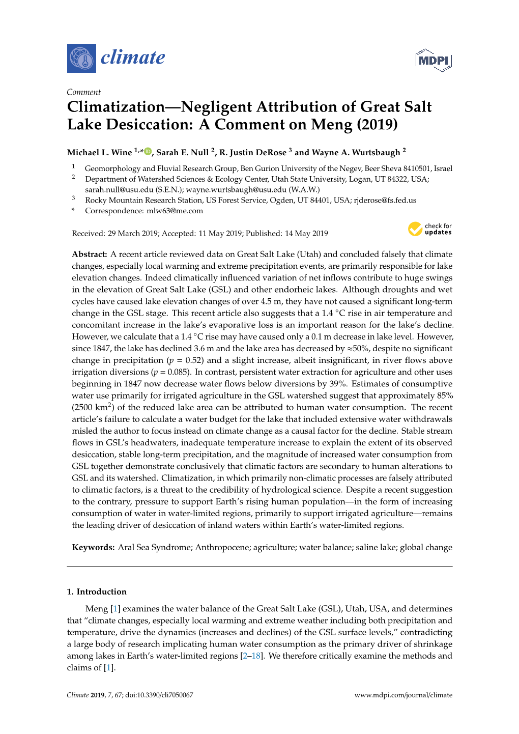 Climatization—Negligent Attribution of Great Salt Lake Desiccation: a Comment on Meng (2019)