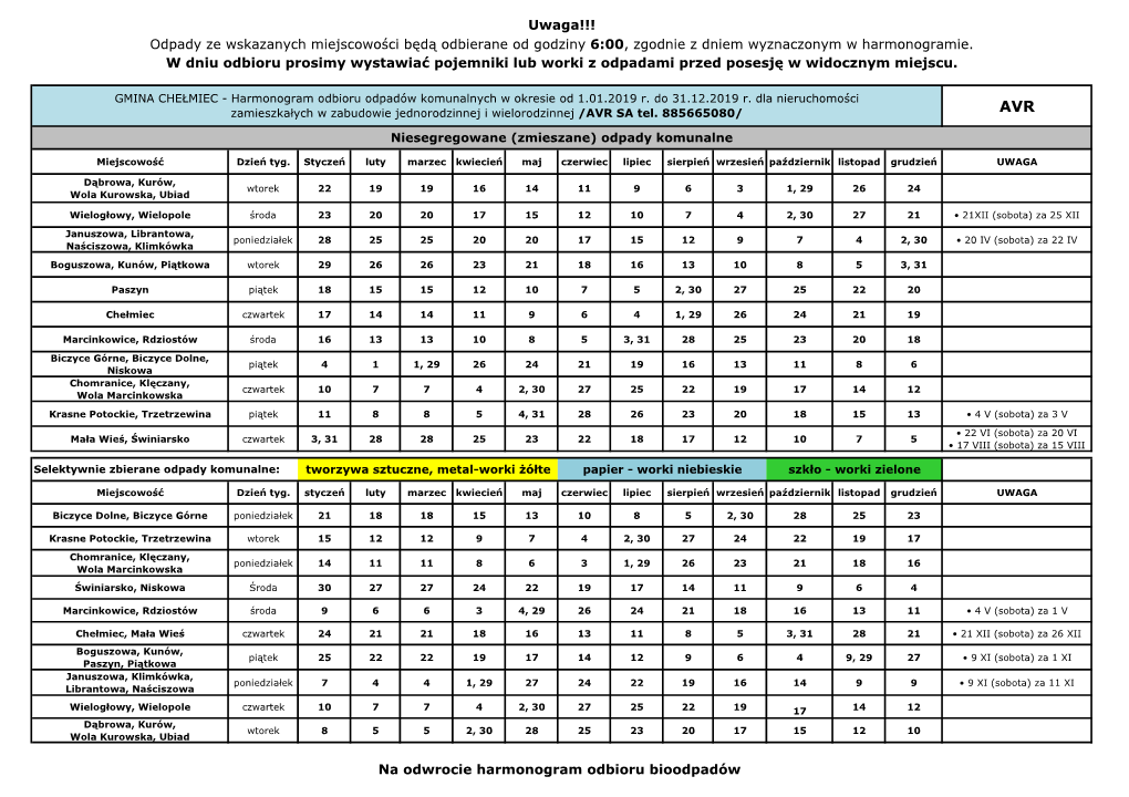 Na Odwrocie Harmonogram Odbioru Bioodpadów Uwaga!!! Odpady Ze