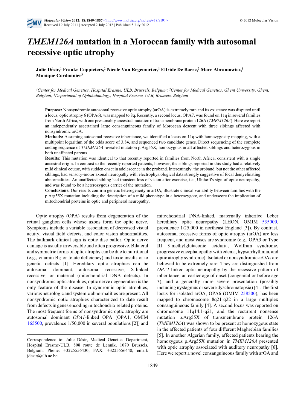 TMEM126A Mutation in a Moroccan Family with Autosomal Recessive Optic Atrophy