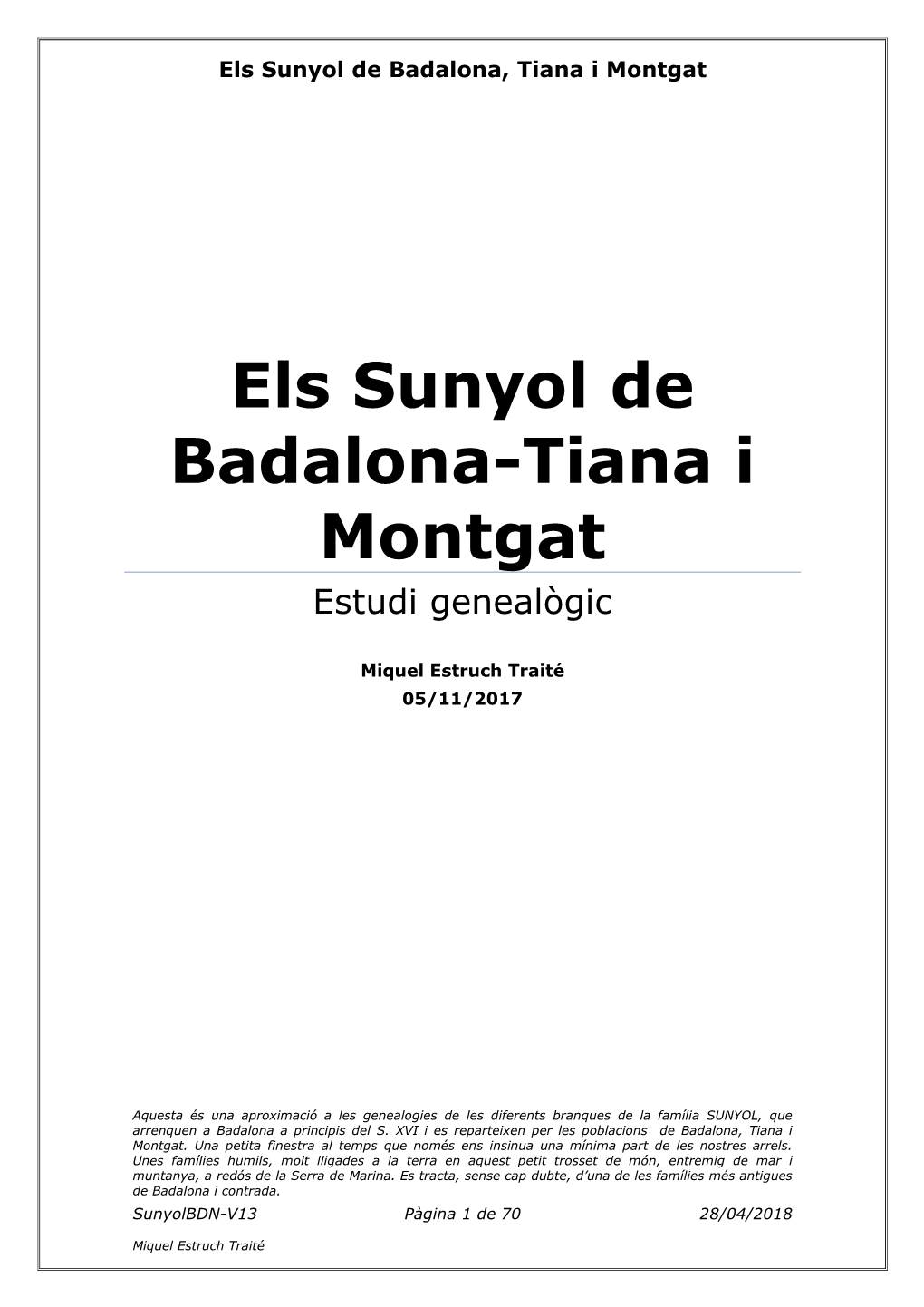 Els Sunyol De Badalona-Tiana I Montgat Estudi Genealògic