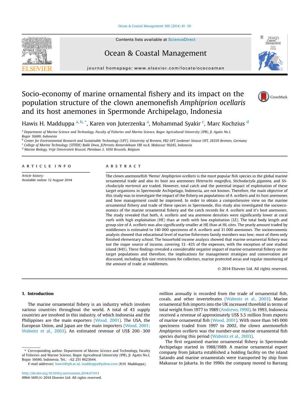 Socio-Economy of Marine Ornamental Fishery and Its Impact on the Population Structure of the Clown Anemonefish Amphiprion Ocella