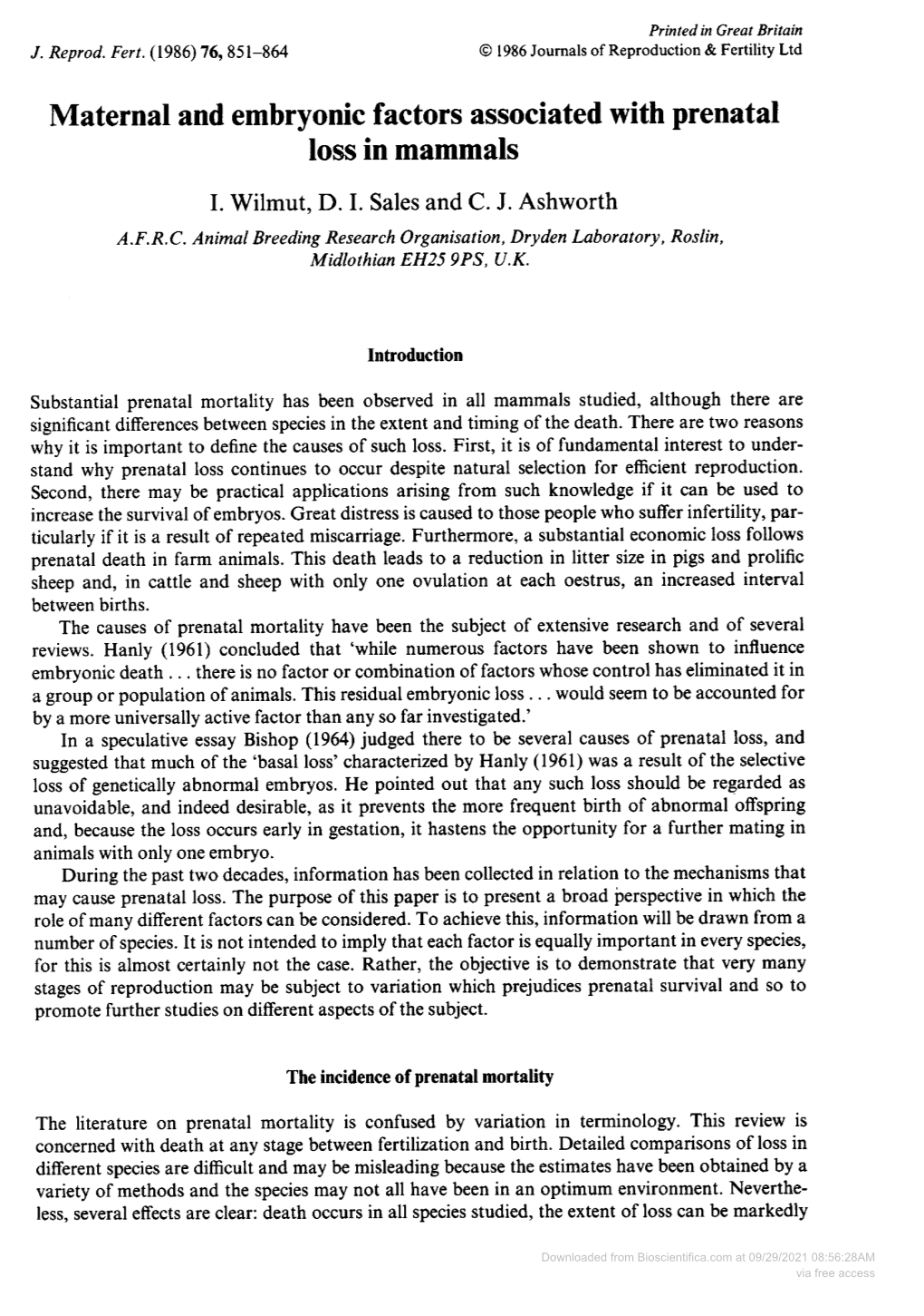 Maternal and Embryonic Factors Associated with Prenatal Loss in Mammals I