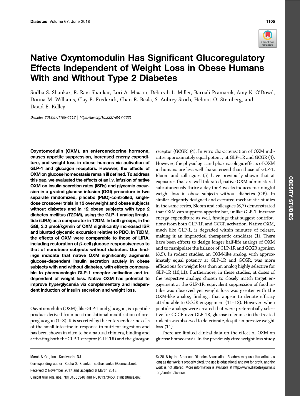 Native Oxyntomodulin Has Significant Glucoregulatory Effects