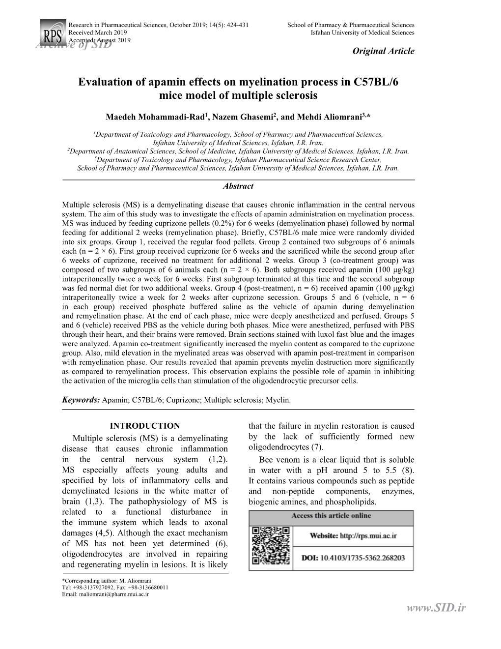 Evaluation of Apamin Effects on Myelination Process in C57BL/6 Mice Model of Multiple Sclerosis