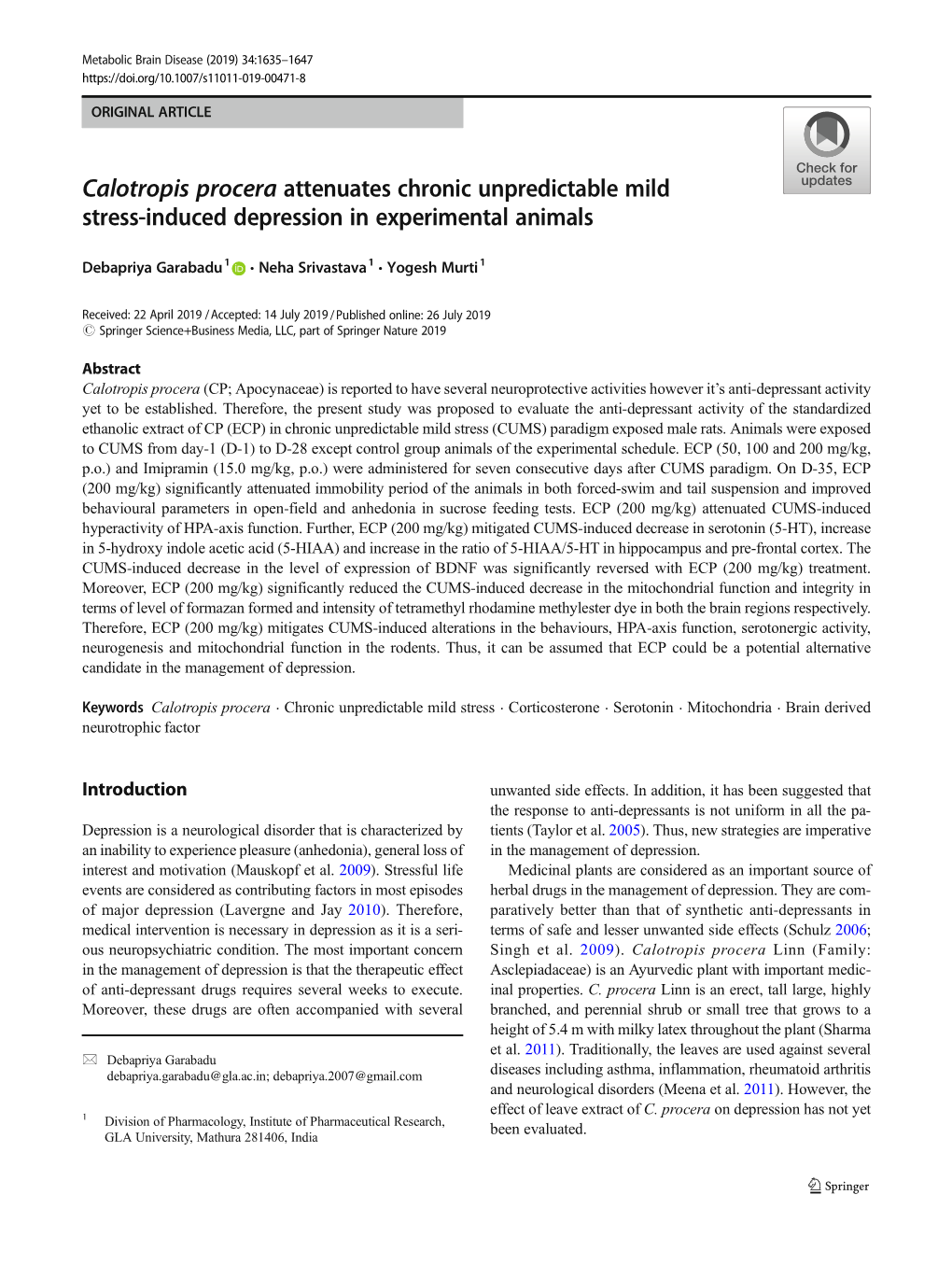 Calotropis Procera Attenuates Chronic Unpredictable Mild Stress-Induced Depression in Experimental Animals