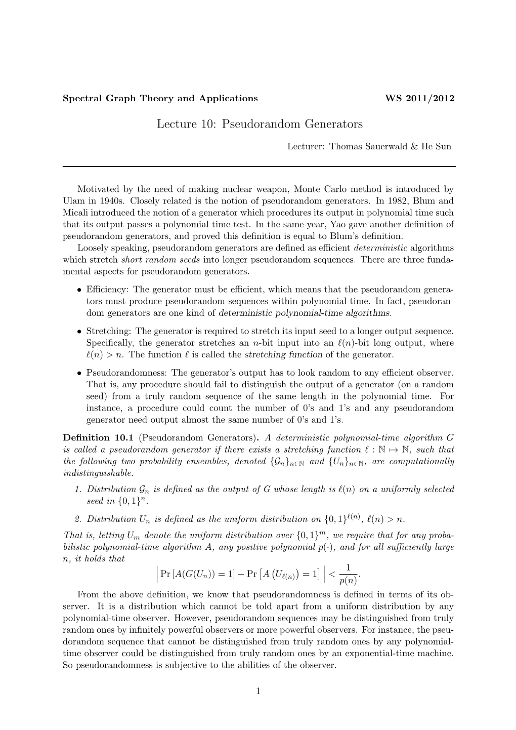 Lecture 10: Pseudorandom Generators