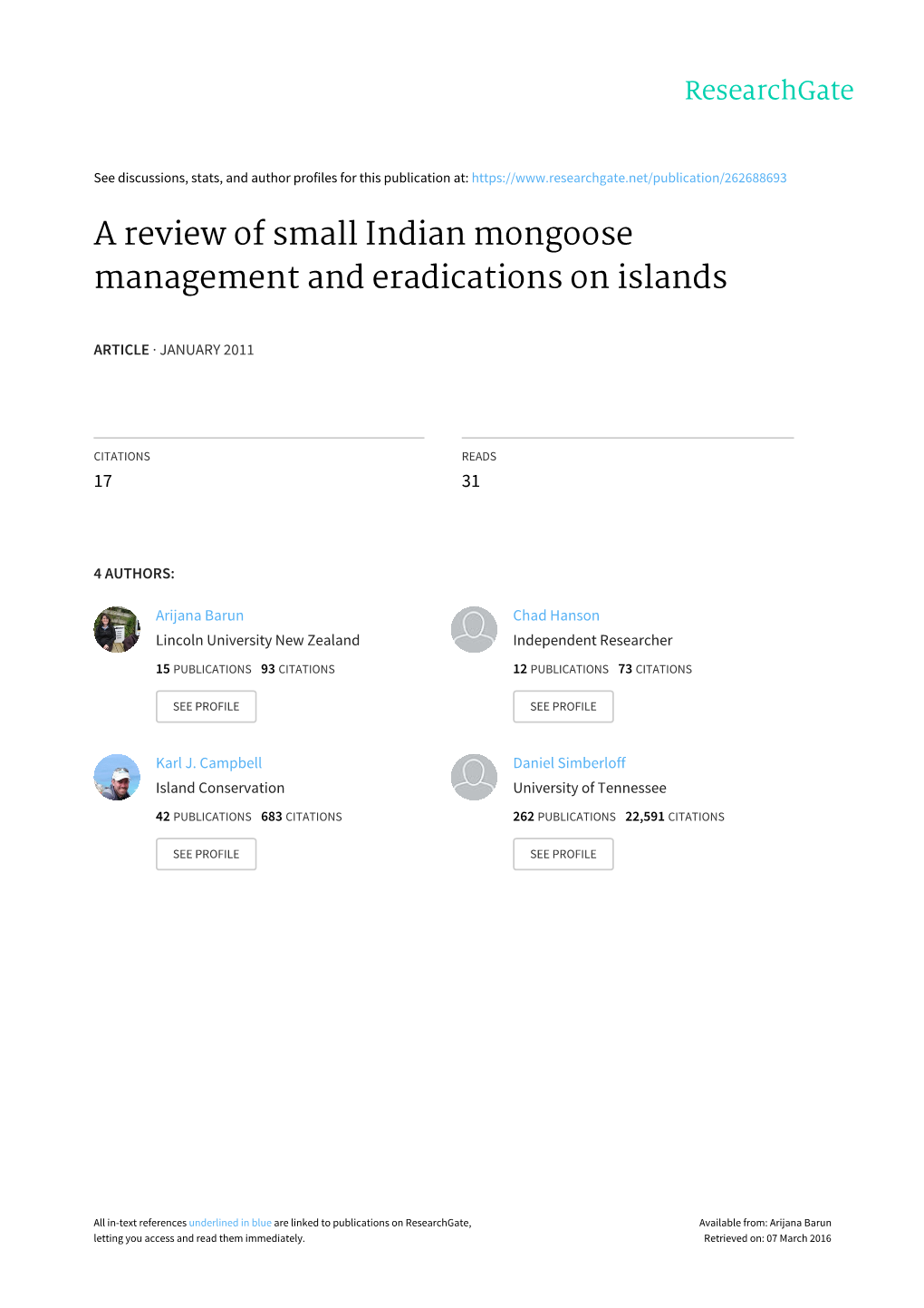 A Review of Small Indian Mongoose Management and Eradications on Islands