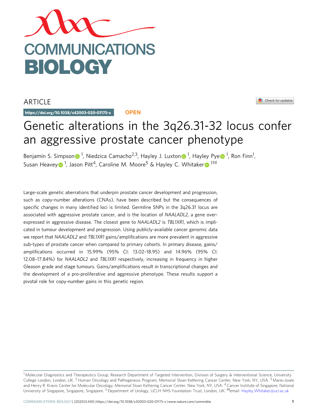 Genetic Alterations in the 3Q26.31-32 Locus Confer an Aggressive Prostate Cancer Phenotype