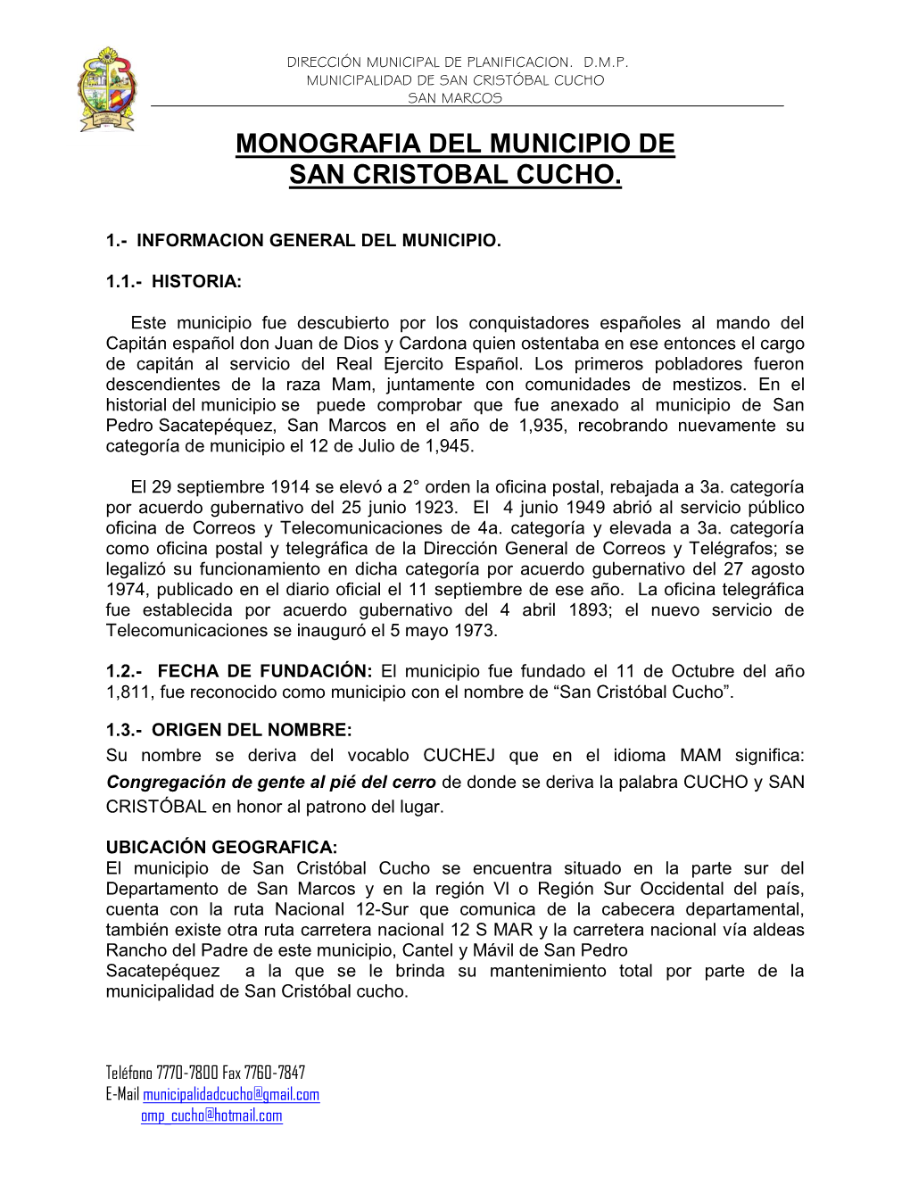 Datos De Importancia Del Municipio De San Cristobal