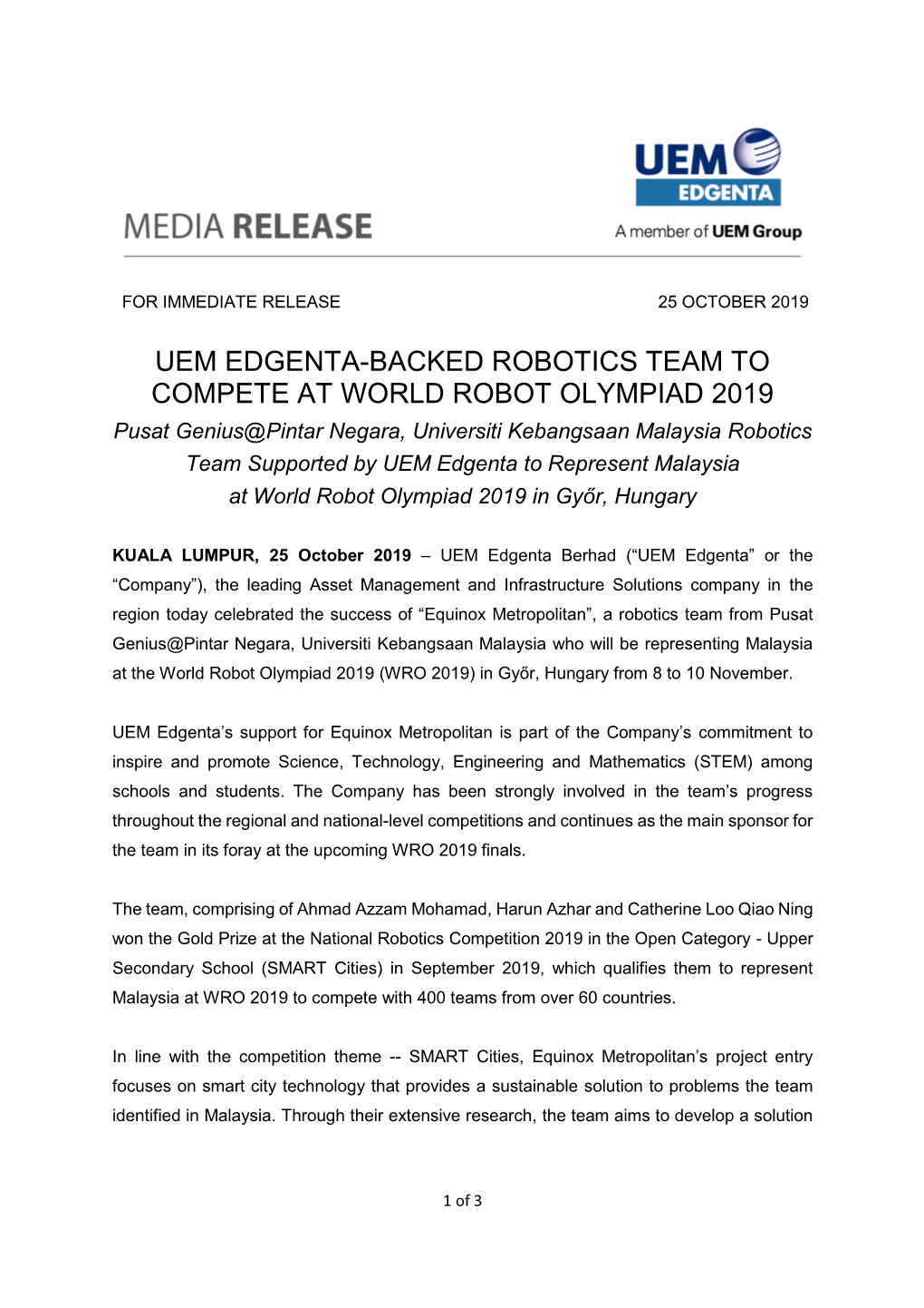 Uem Edgenta-Backed Robotics Team to Compete at World Robot Olympiad 2019