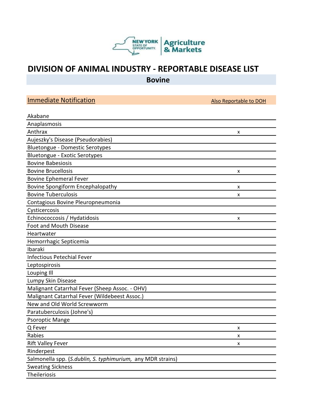DIVISION of ANIMAL INDUSTRY - REPORTABLE DISEASE LIST Bovine