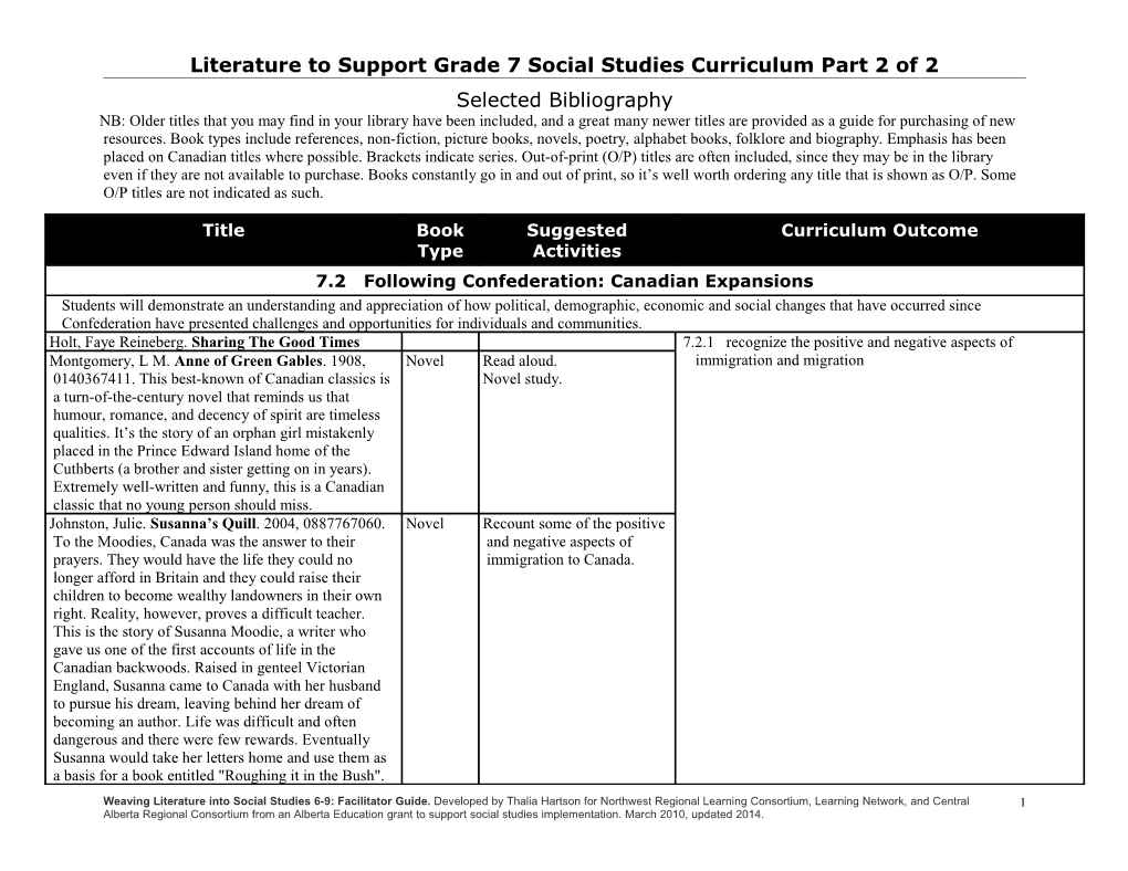 Literature to Support Grade 7 Social Studies Curriculum Part 2 of 2