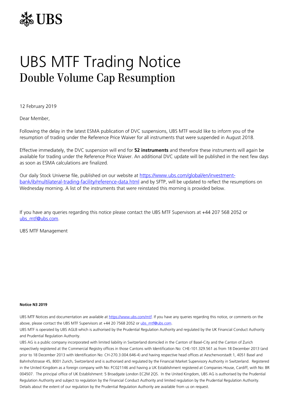 Notice N3 2019: Double Volume Cap Resumption