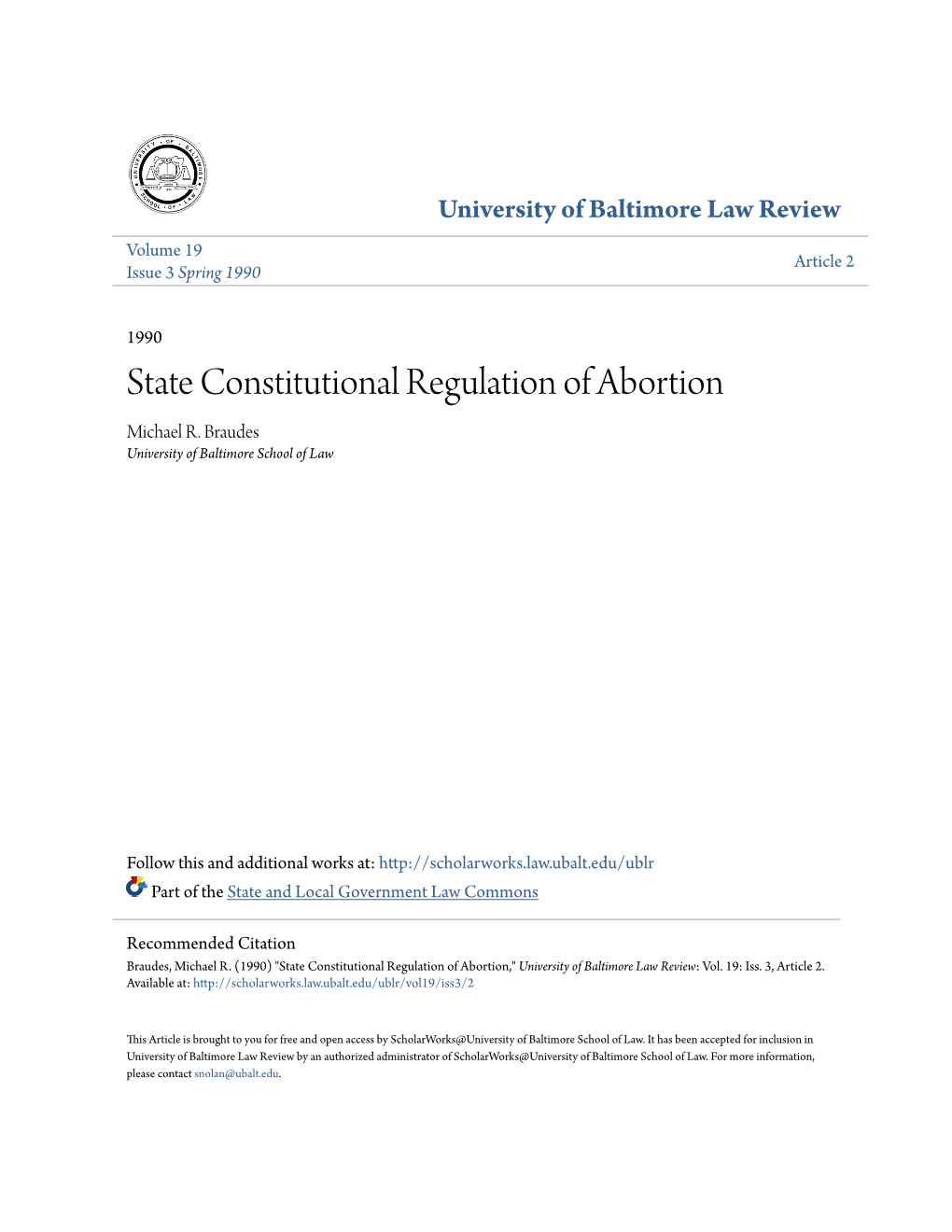 State Constitutional Regulation of Abortion Michael R