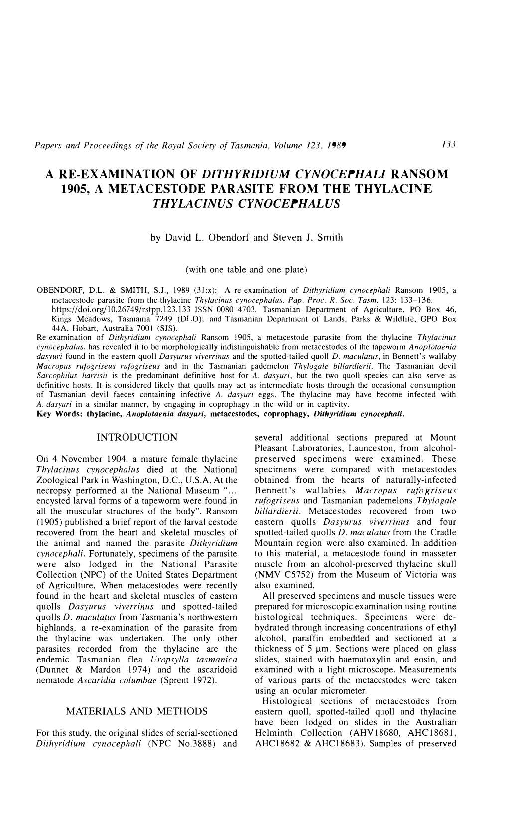 A Re-Examination of Dithyridium Cynocephali Ransom 1905, a Metacestode Parasite from the Thylacine Thylacinus Cynocephalus