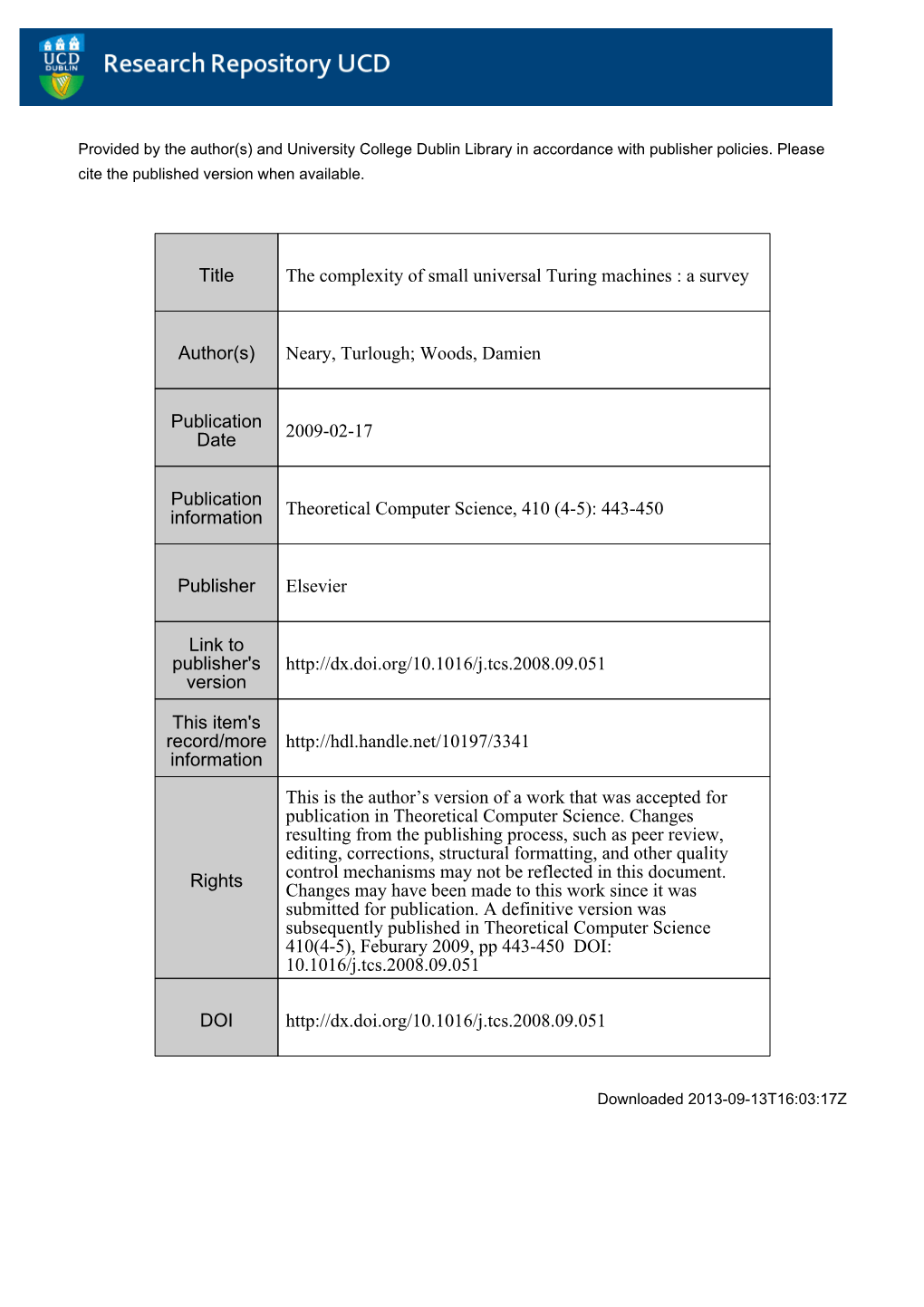 Title the Complexity of Small Universal Turing Machines : a Survey