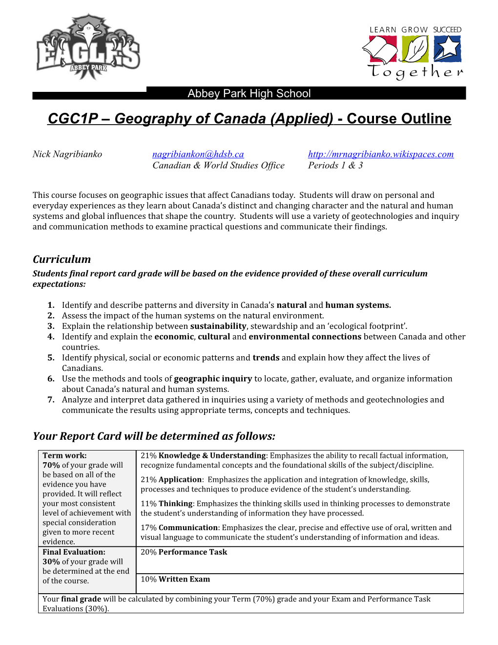 CGC1P Geography of Canada (Applied) - Course Outline