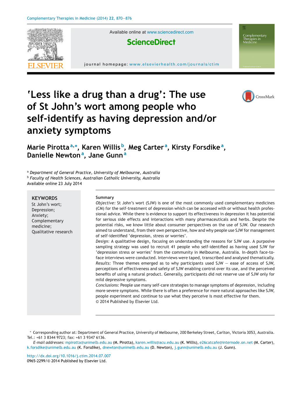 The Use of St John's Wort Among People Who Self-Identify As Having Depression And/Or