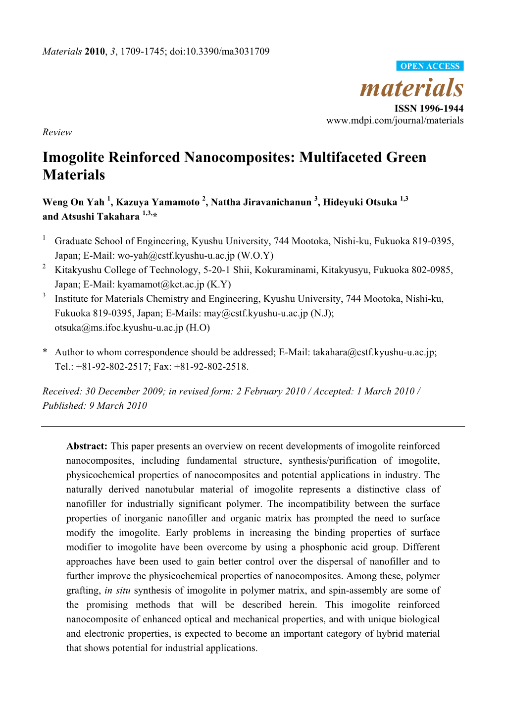Imogolite Reinforced Nanocomposites: Multifaceted Green Materials