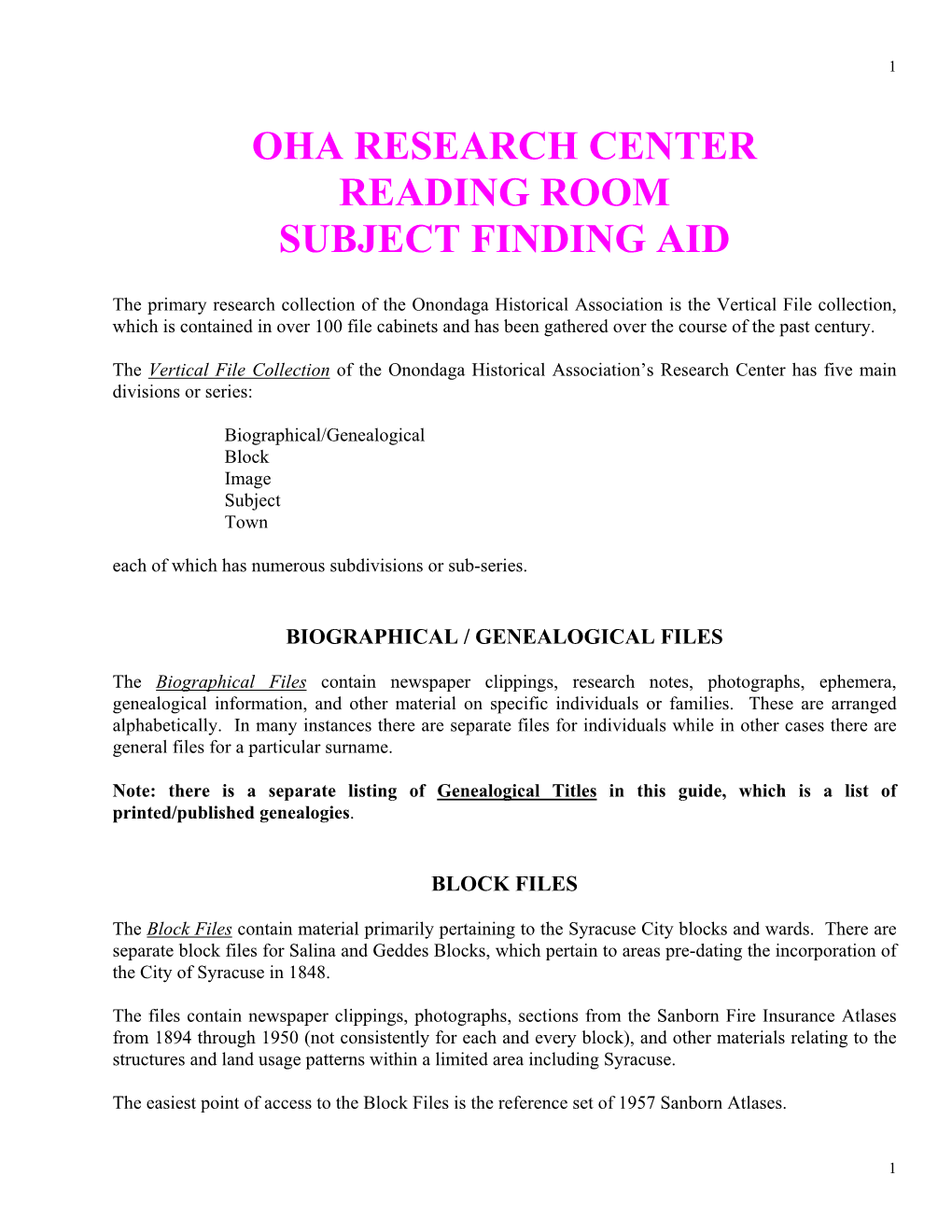 Oha Research Center Reading Room Subject Finding Aid