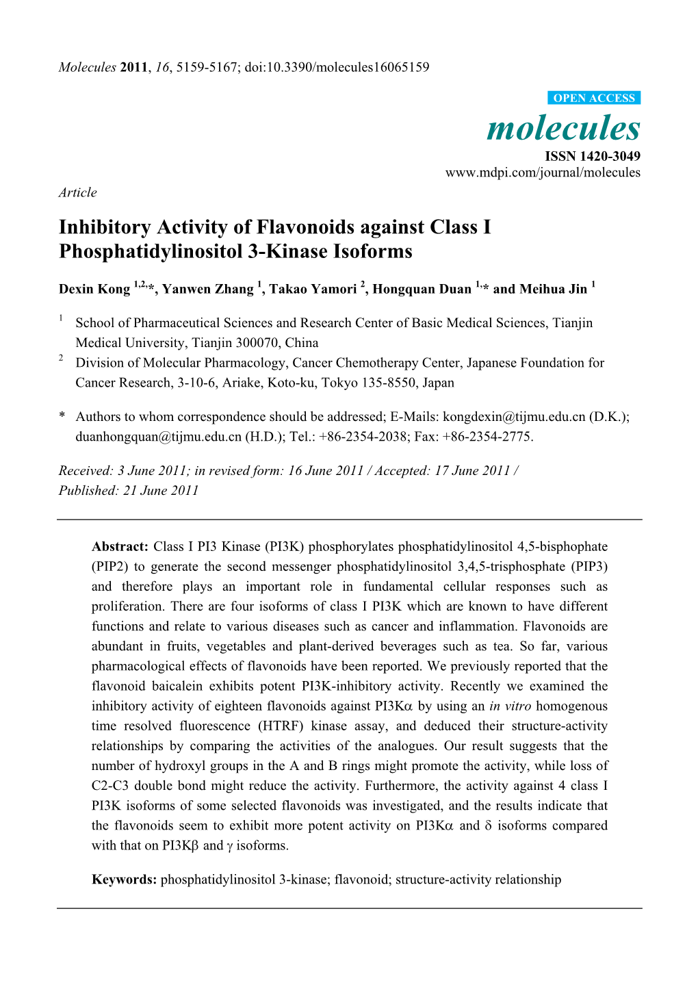 Inhibitory Activity of Flavonoids Against Class I Phosphatidylinositol 3-Kinase Isoforms