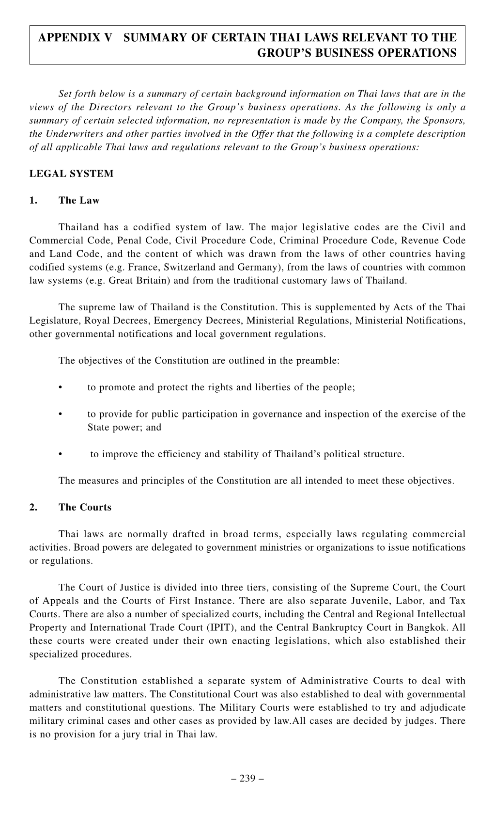 Appendix V Summary of Certain Thai Laws Relevant to the Group’S Business Operations