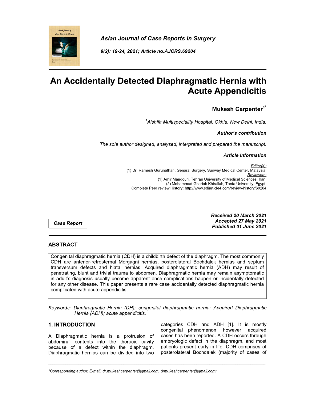 An Accidentally Detected Diaphragmatic Hernia with Acute Appendicitis