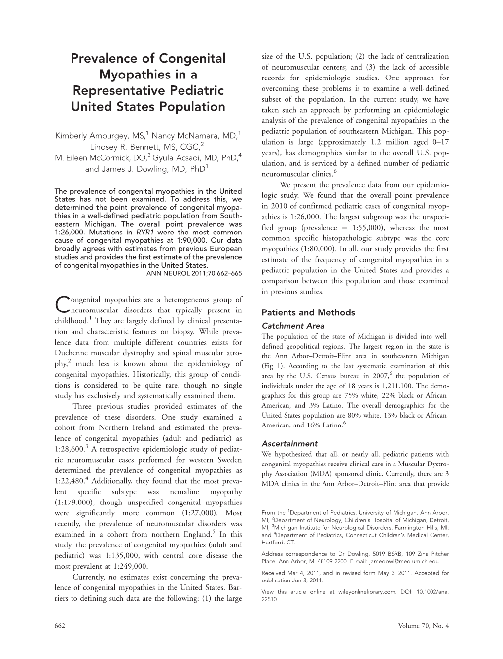 Prevalence of Congenital Myopathies in a Representative Pediatric United