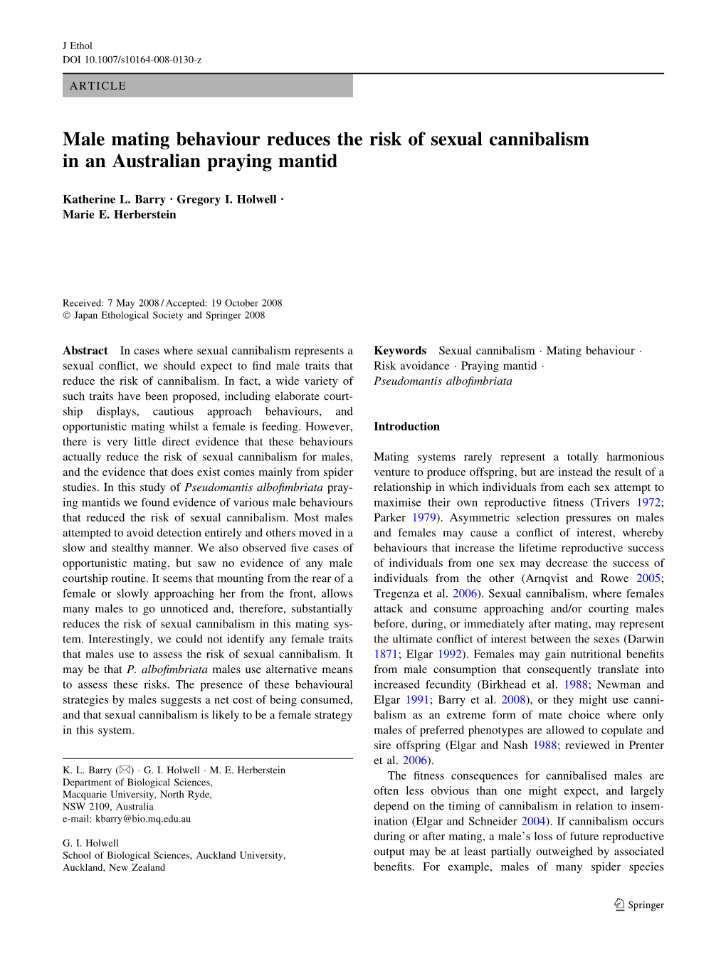 Male Mating Behaviour Reduces the Risk of Sexual Cannibalism in an Australian Praying Mantid